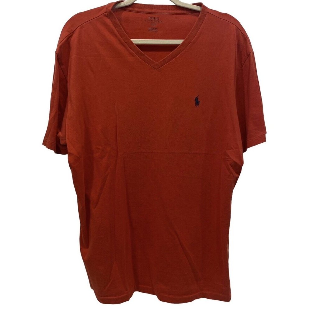 POLO RALPH LAUREN Men's Short Sleeve Solid RED V-Neck T-Shirt Blue Logo LARGE